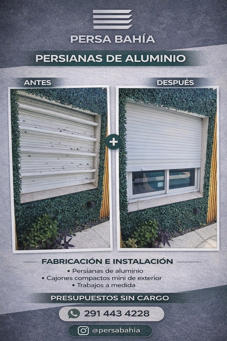 Antes y después de un cajón compacto de persiana de aluminio instalado por Persa Bahía