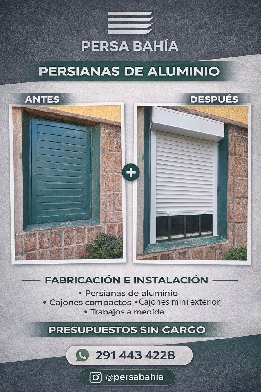 Antes y después de un recambio de persiana de aluminio realizado por Persa Bahía